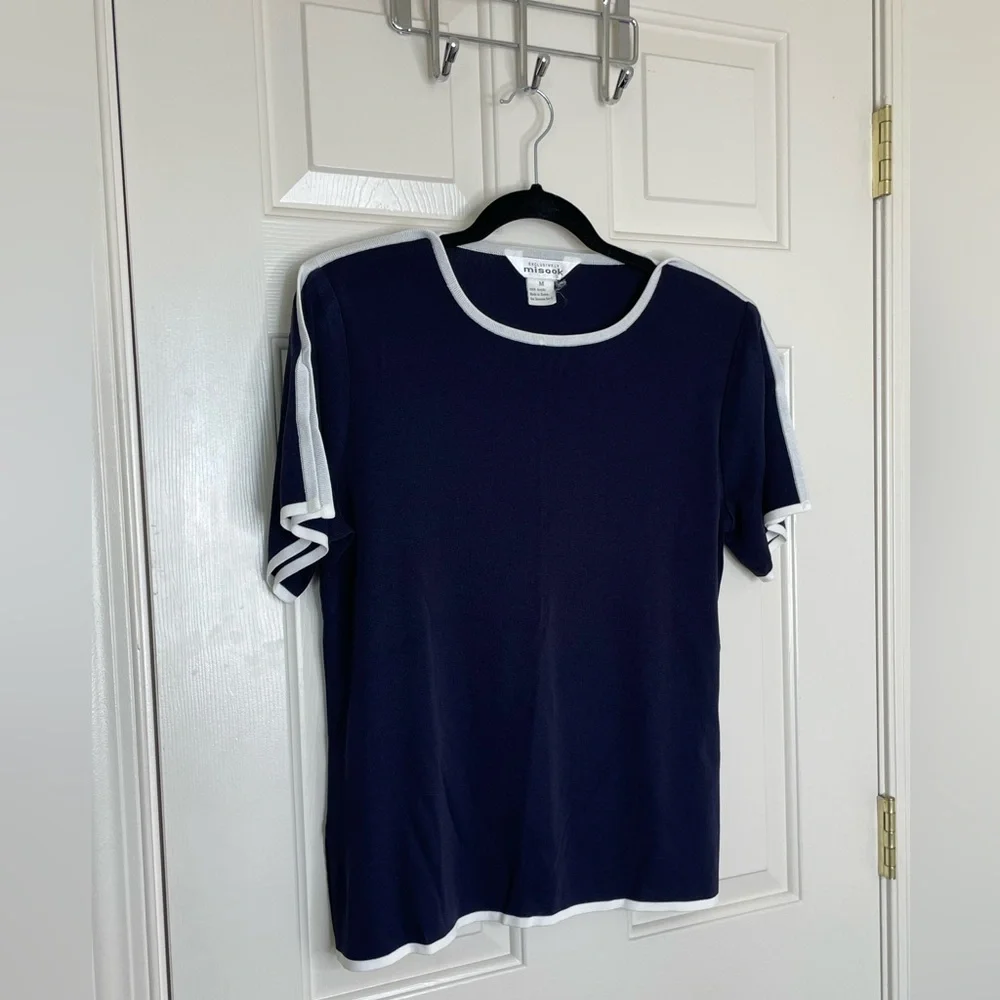 Misook Navy Blue White Trim Short Sleeve Knit Blouse Top | M - Picture 2 of 10